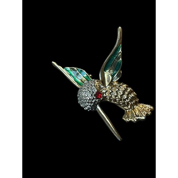 Vintage Gold and Silver Tone Red Gemstone Green Enamel Hummingbird Brooch Pin - Picture 4 of 5